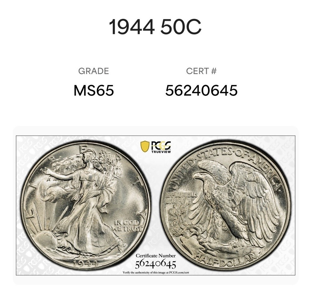 1944 WALKING LIBERTY PCGS MS65