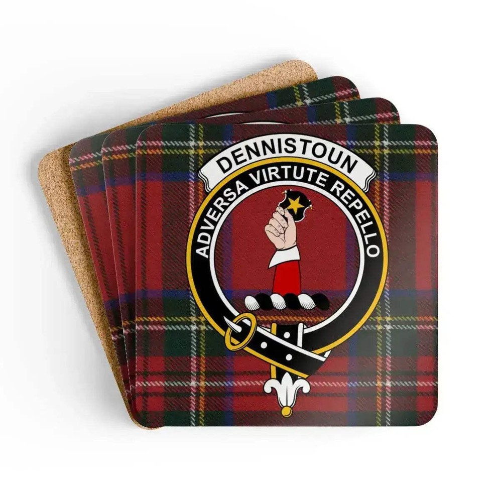 Dennistoun Clan Crest Scottish Tartan Coaster Set