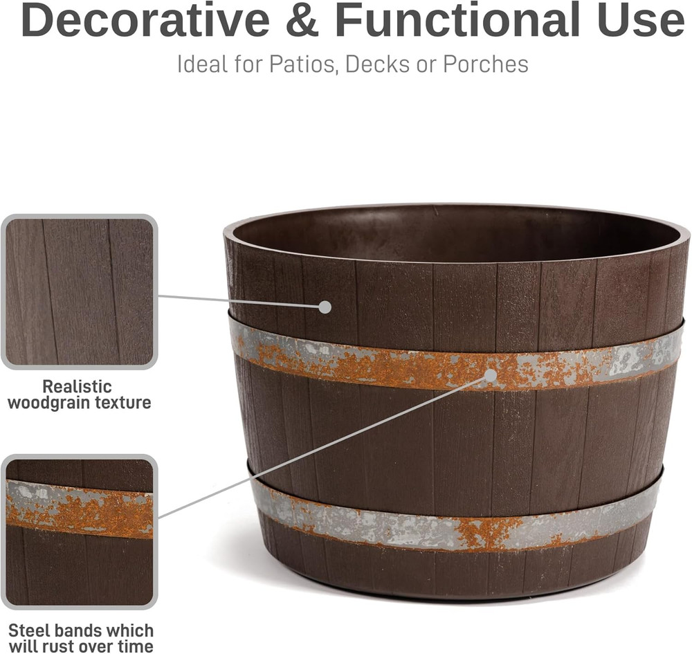 Heavy Duty 24” Walnut Planter with Rusting Steel Bands - 2 Pack