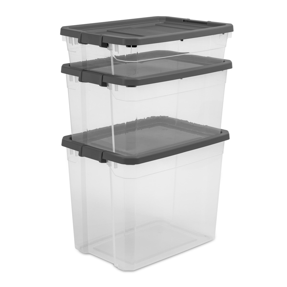 76 Quart Stacker Box, Durable Clear Plastic Bin with Lid, Dark Gray