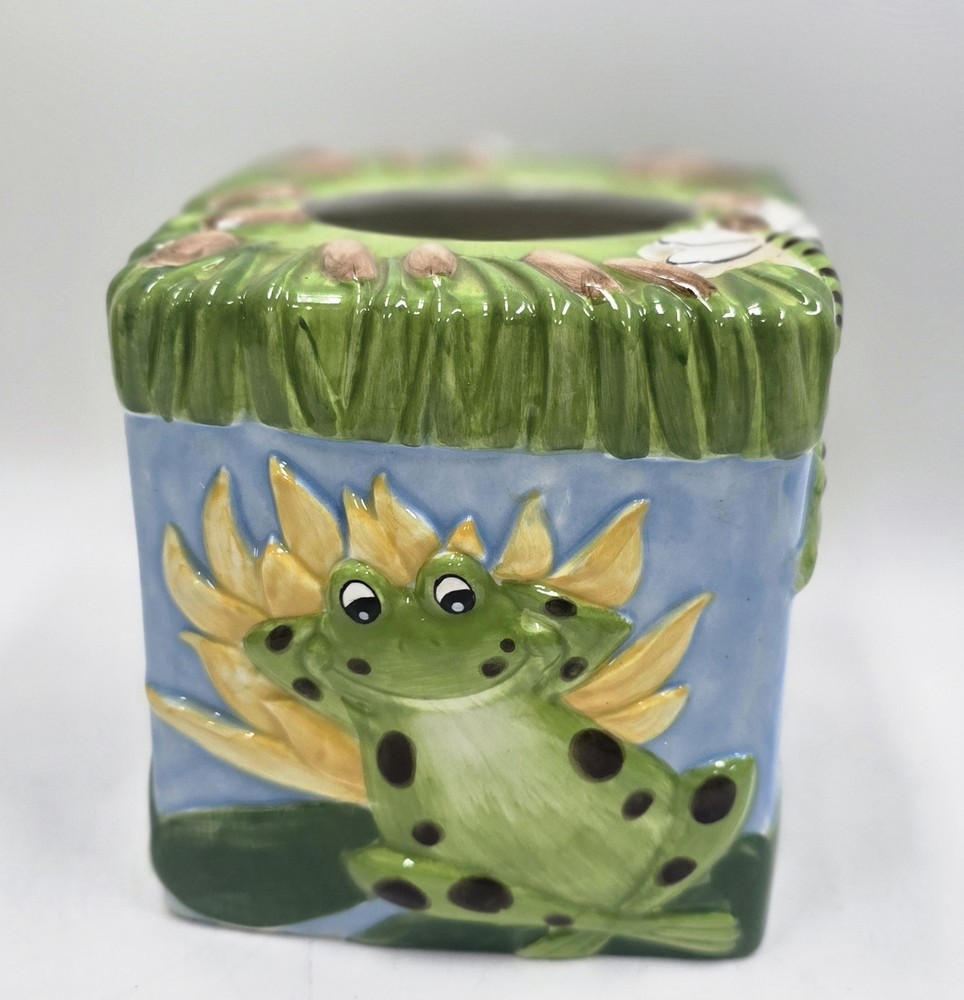 Ceramic Frog Tissue Box Holder Handpainted