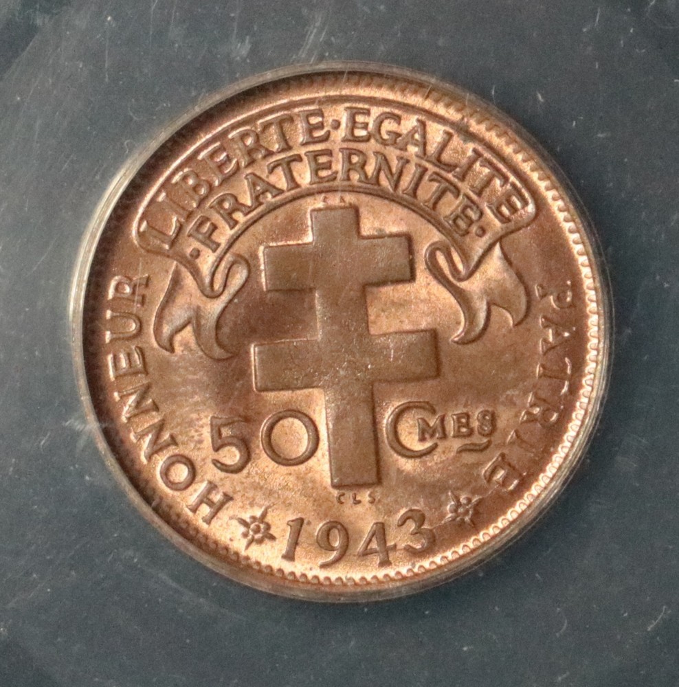 Madagascar 1943 50 Centimes - ANACS MS 64 RB