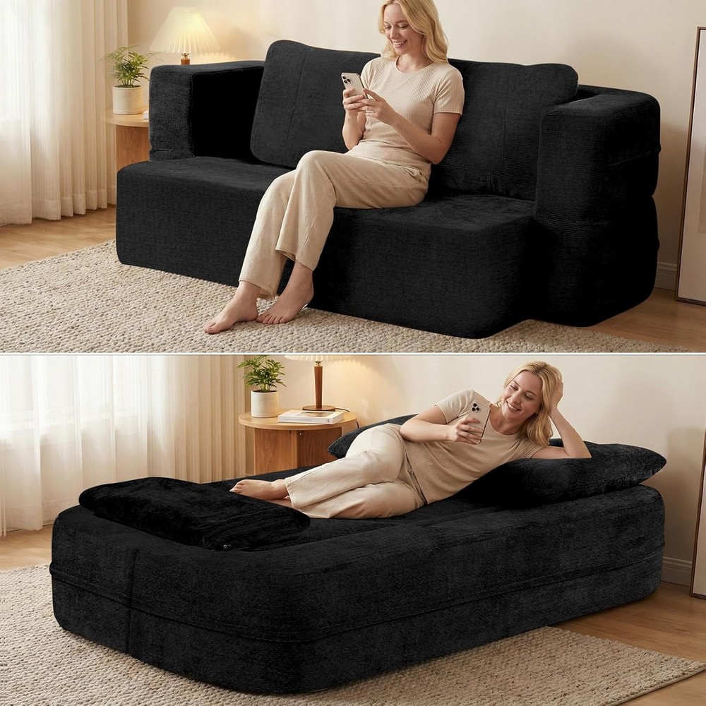 Convertible Sofa Bed Queen Folding Cloud Couch Black No Assembly w/Blanket