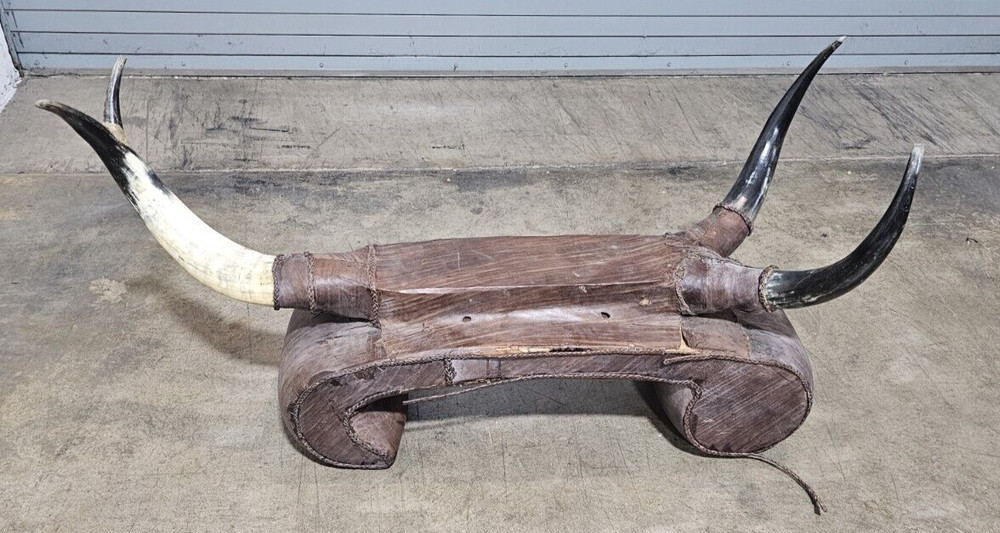 Western Style Leather and Horn Foot Rectangular Ottoman Bench Footstool