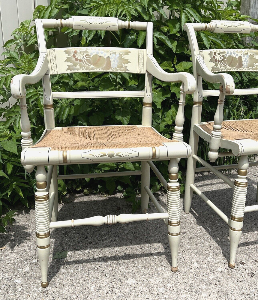 Pair Vintage Solid Lambert Hitchcock Ivory Harvest Rush Bottom Armchairs