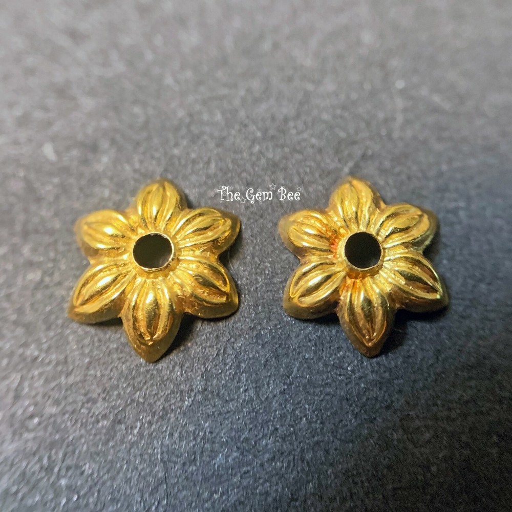 6.5mm 18k Solid Yellow Gold Leaf Design Bead Cap Finding PAIR