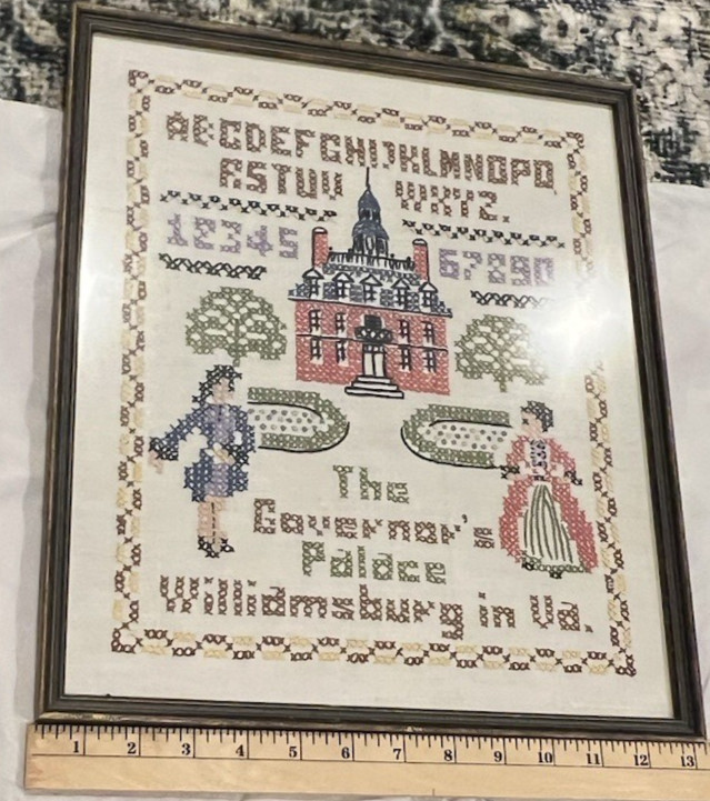 Framed Cross Stitch Sampler Governor’s Palace Williamsburg VA Needlework