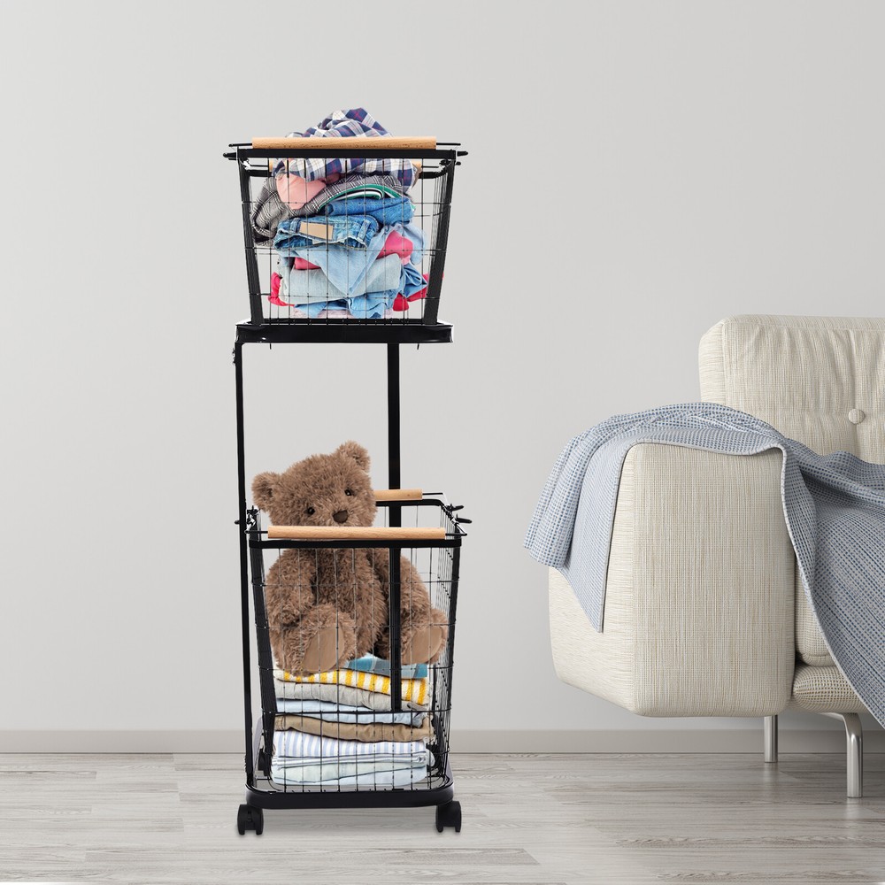 Black Metal Laundry Basket With Wheels 2-tier Laundry Basket Rectangular Iron