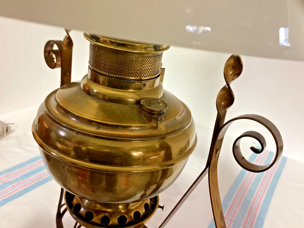 Antique Hanging Library Lamp Electrified Brass Font Central Draft burner #4846