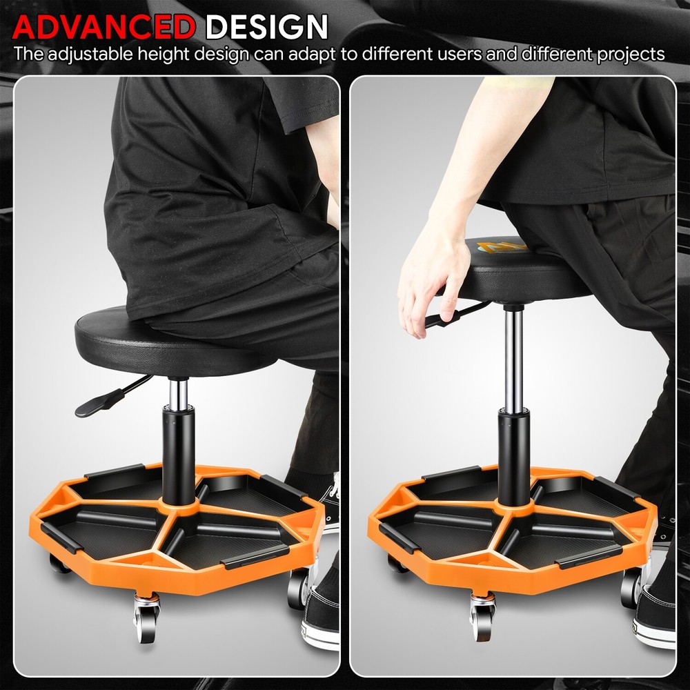 300lbs Adjustable Height Mechanics Rolling Seat Creeper Garage Work Stool Orange