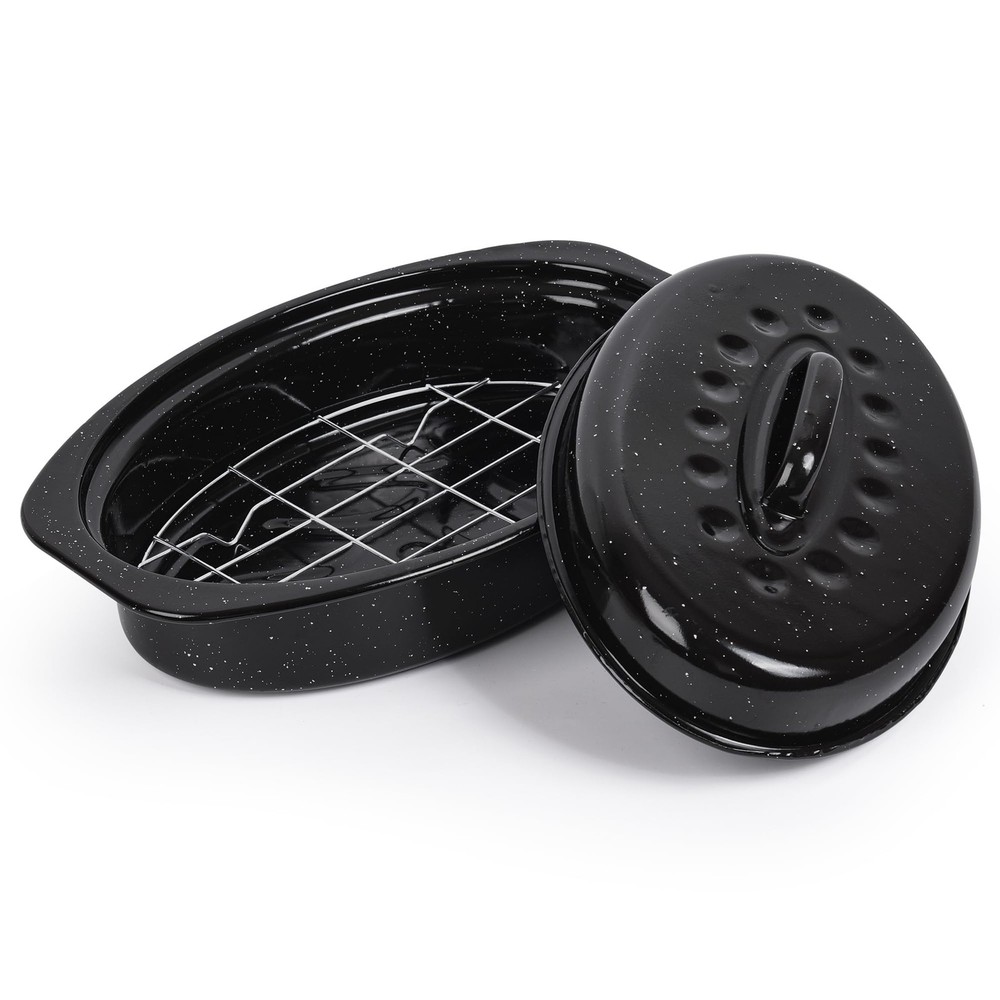 13” Roaster Pan with Lid and Rack, Small Enamel 13 Inch, Black