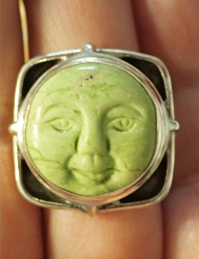Sterling Silver Ring with Lime Jasper carved Face. adj