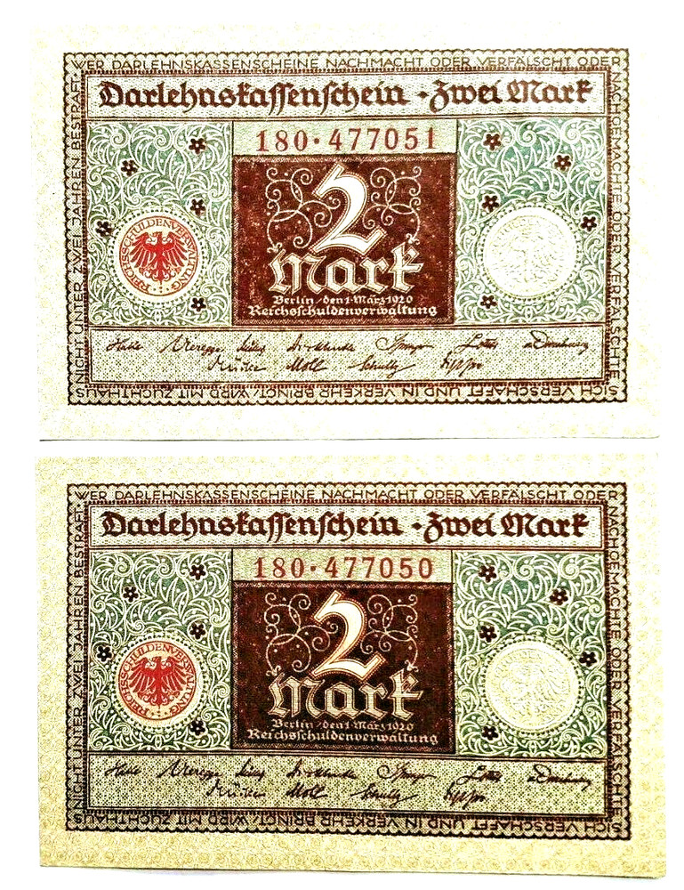 CONSEC PAIR(S) OF GEM CU 1920 2 MARK NOTES! RARE COLOR! AS LOW AS $3.59 per NOTE