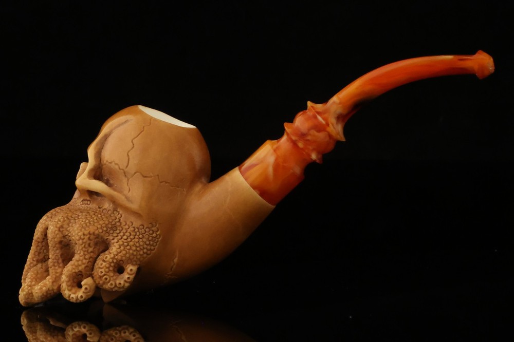 srv - Octopus Skull Block Meerschaum Pipe with fitted case 15464