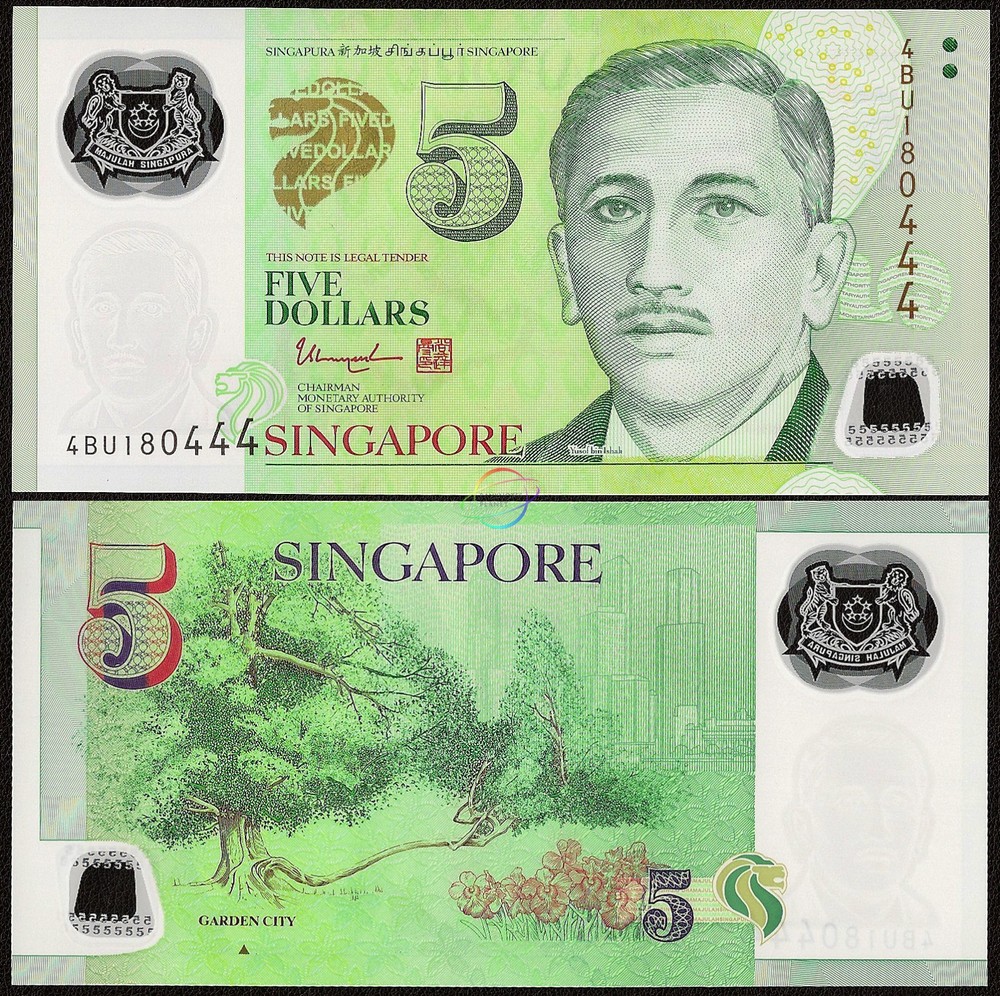 SINGAPORE 5 Dollars w/1 Triangle 2014 P-47d Polymer UNC Uncirculated