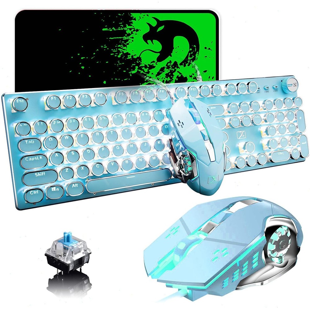 3 in 1 Wired Typewriter White LED Backlit Keyboard and Mouse Combo with Mousepad