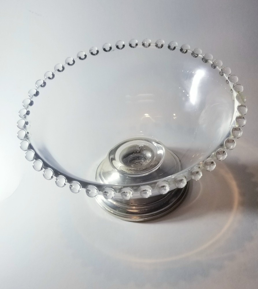 CROWN Sterling Silver Weighted Compote Silver Base Glass Dish Bowl, Nubby Edged