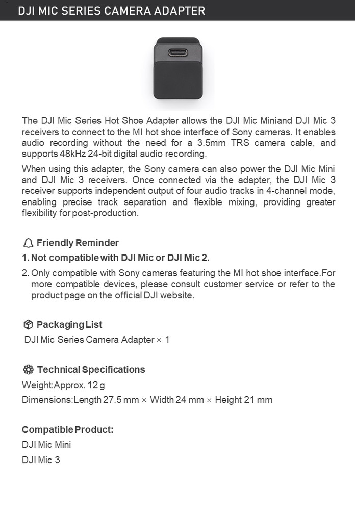 DJI Mic Mini Camera Adapter for Sony Cameras