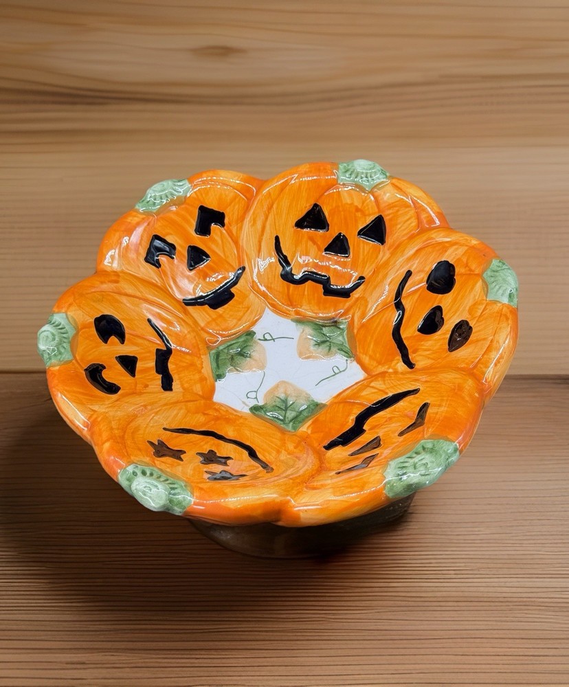 World Bazaar Halloween Ceramic Pumpkin 9" Candy Dish Jack O Lantern
