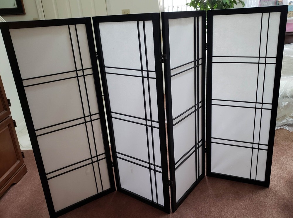 Shoji Screen Room Divider- Four Panel Black and White