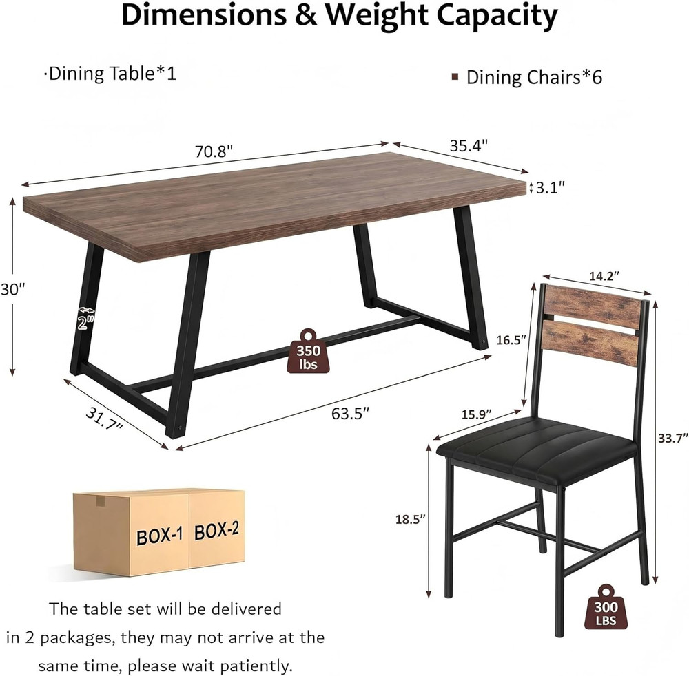 7-Piece Dining Table Set for 6, 71 Inch Rectangular Kitchen Table with 6 Upholst