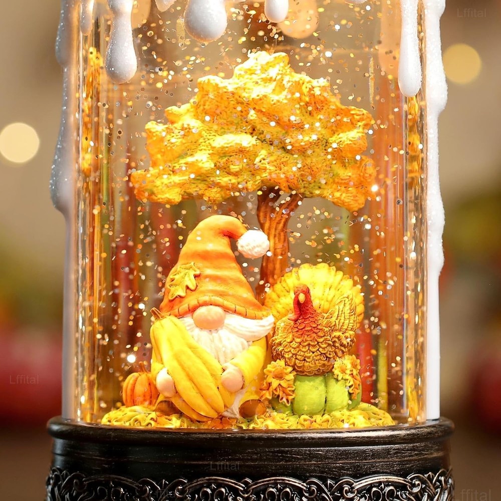 Fall Snow Globe Lantern Fall Decor Candle Shape with Gnome and Turkey, Lighte...