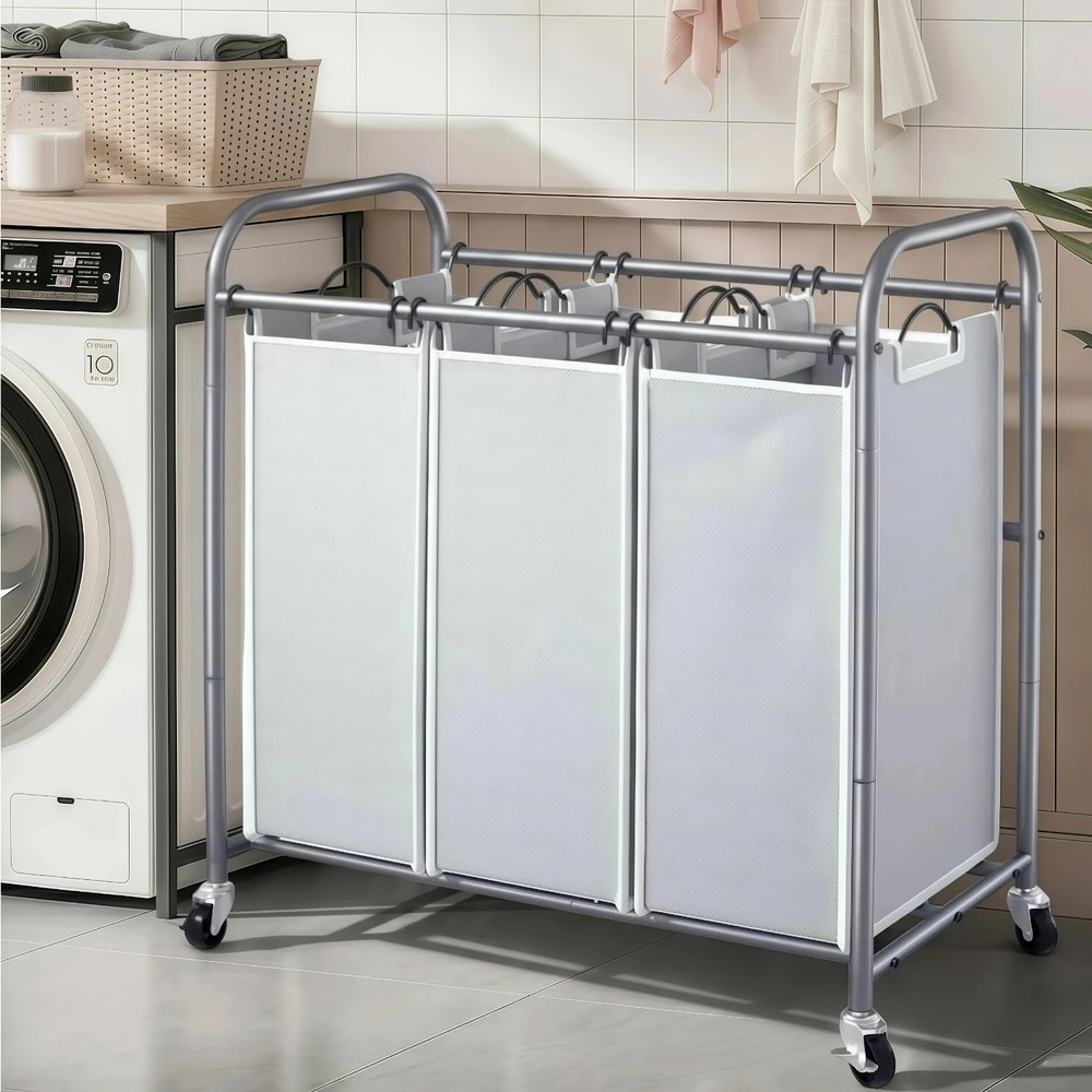 Laundry Sorter Hamper 3 Section Divided Laundry Basket Organizer W/ Wheels