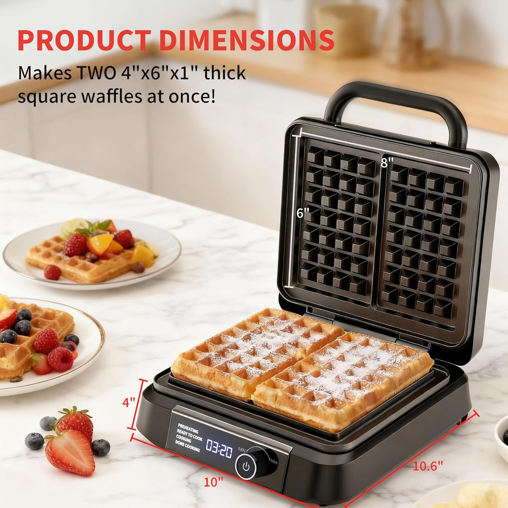 Waffle Maker, 1200W Belgian Waffle Maker, Dual Rectangular Thick Waffle Iron, 7-