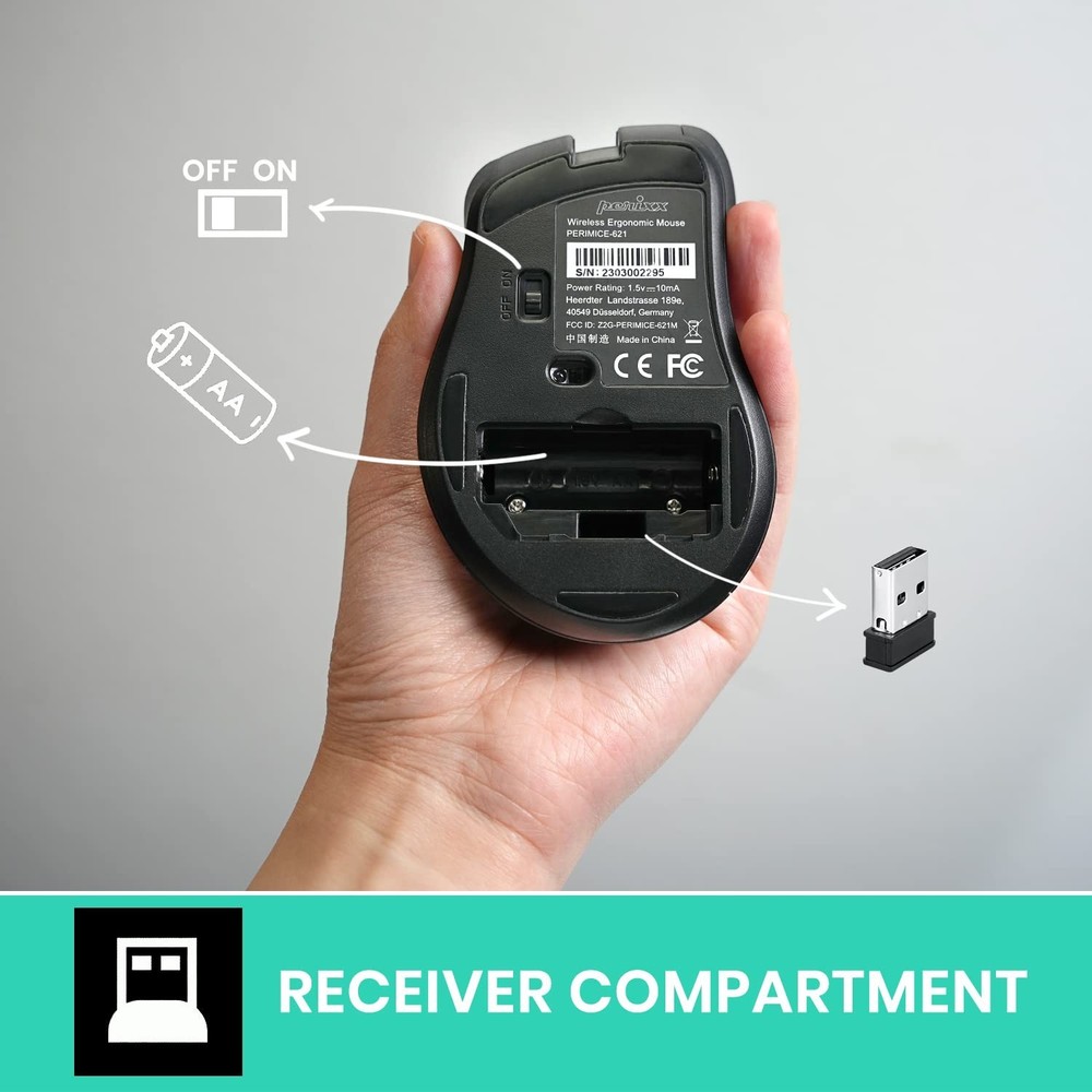 Perixx PERIMICE-621B Wireless Mouse - Silent Click with Ergo Design - Compati...