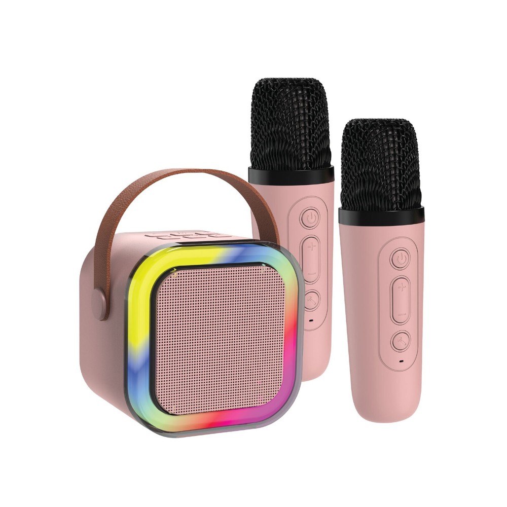 Laser Mini Karaoke Speaker 2 Wireless Mics Bluetooth Pink