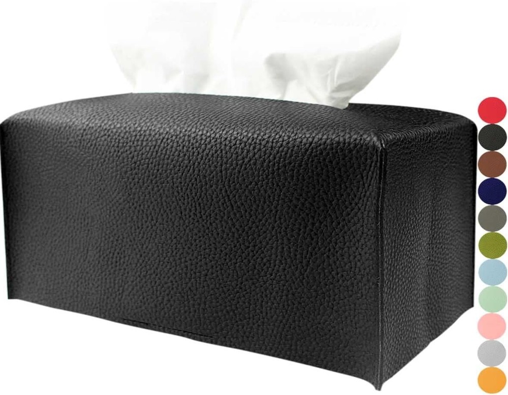 Tissue Box Holder Rectangular Leather – with Bottom Belt [, Bla]
