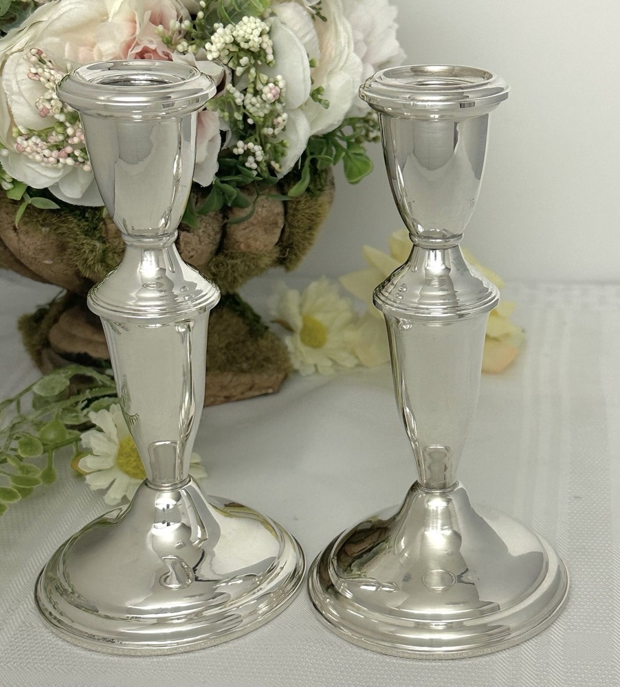 Sterling Silver Empire Candlesticks Pair Vintage Console Taper Holders