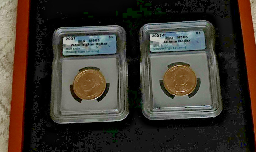 2007-P WASHINGTON AND ADAMS $ ERROR COINS ICG MS 65     ONE OWNER