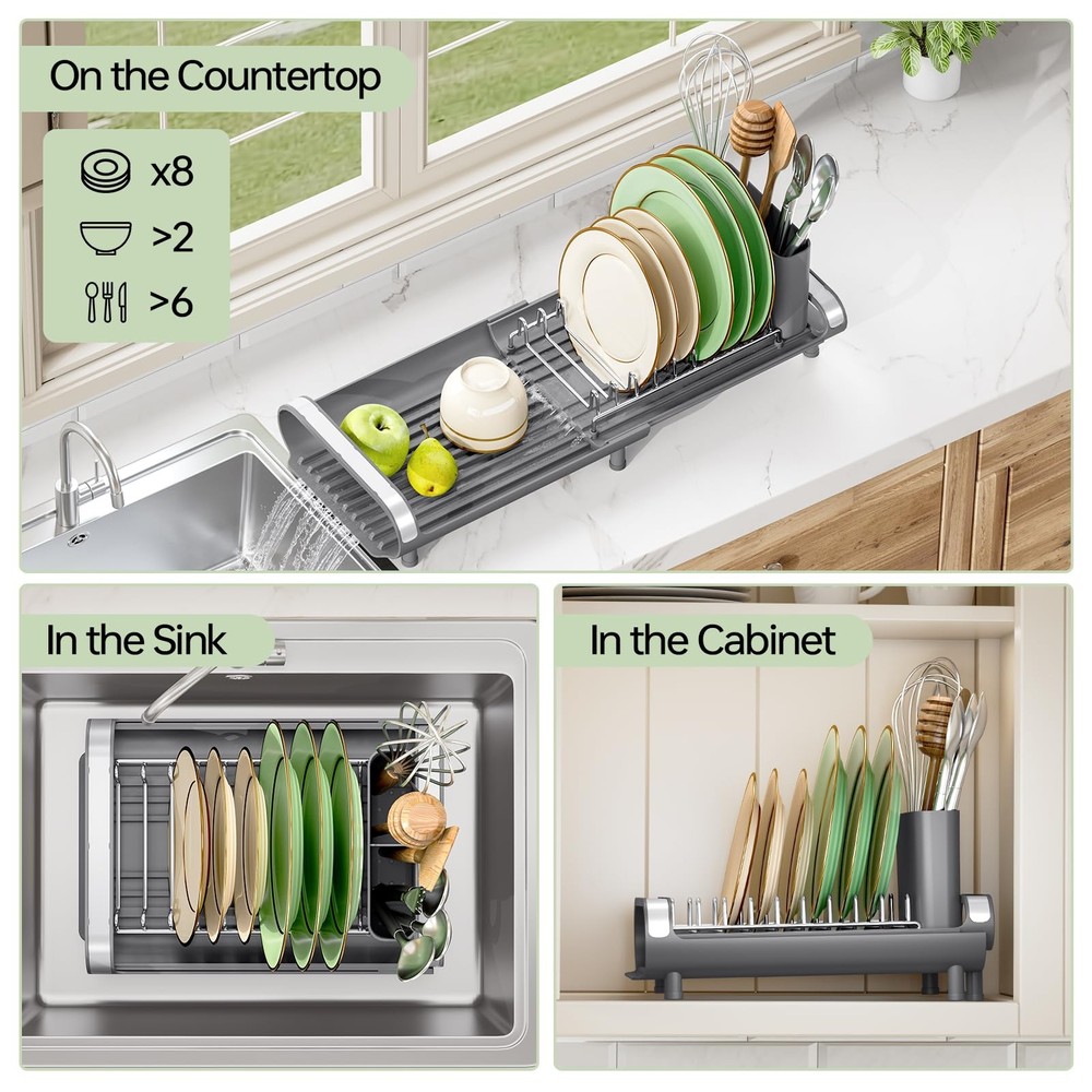 TOOLF Small Dish Drying Rack, Mini Expandable Compact Dish Rack, Slim Extenda...