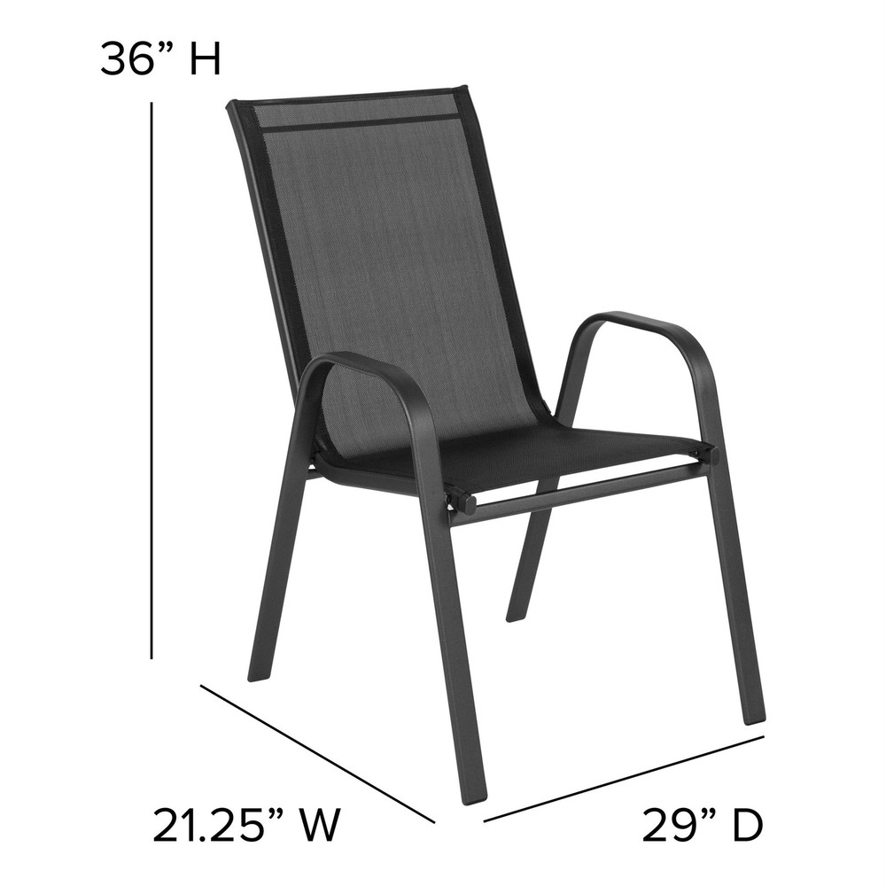 7 Piece Patio Dining Set - 55" Glass Patio Table 6 Black Flex Stack Chairs