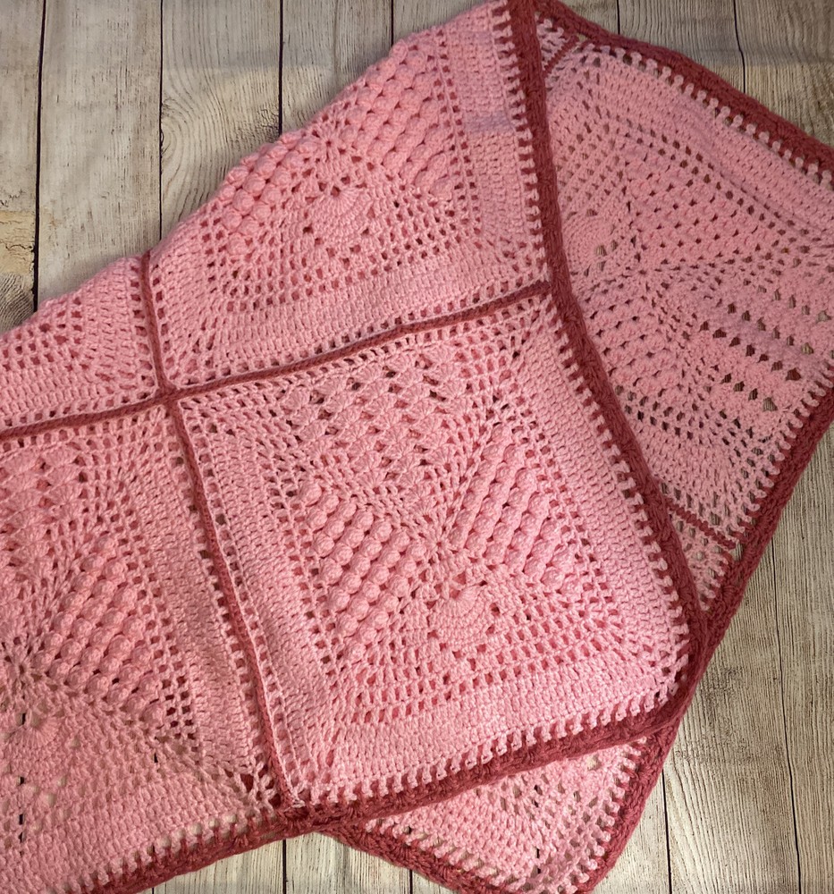 HANDMADE CROCHETED PINK BABY BLANKET DARK TRIM 48x31” RECTANGULAR