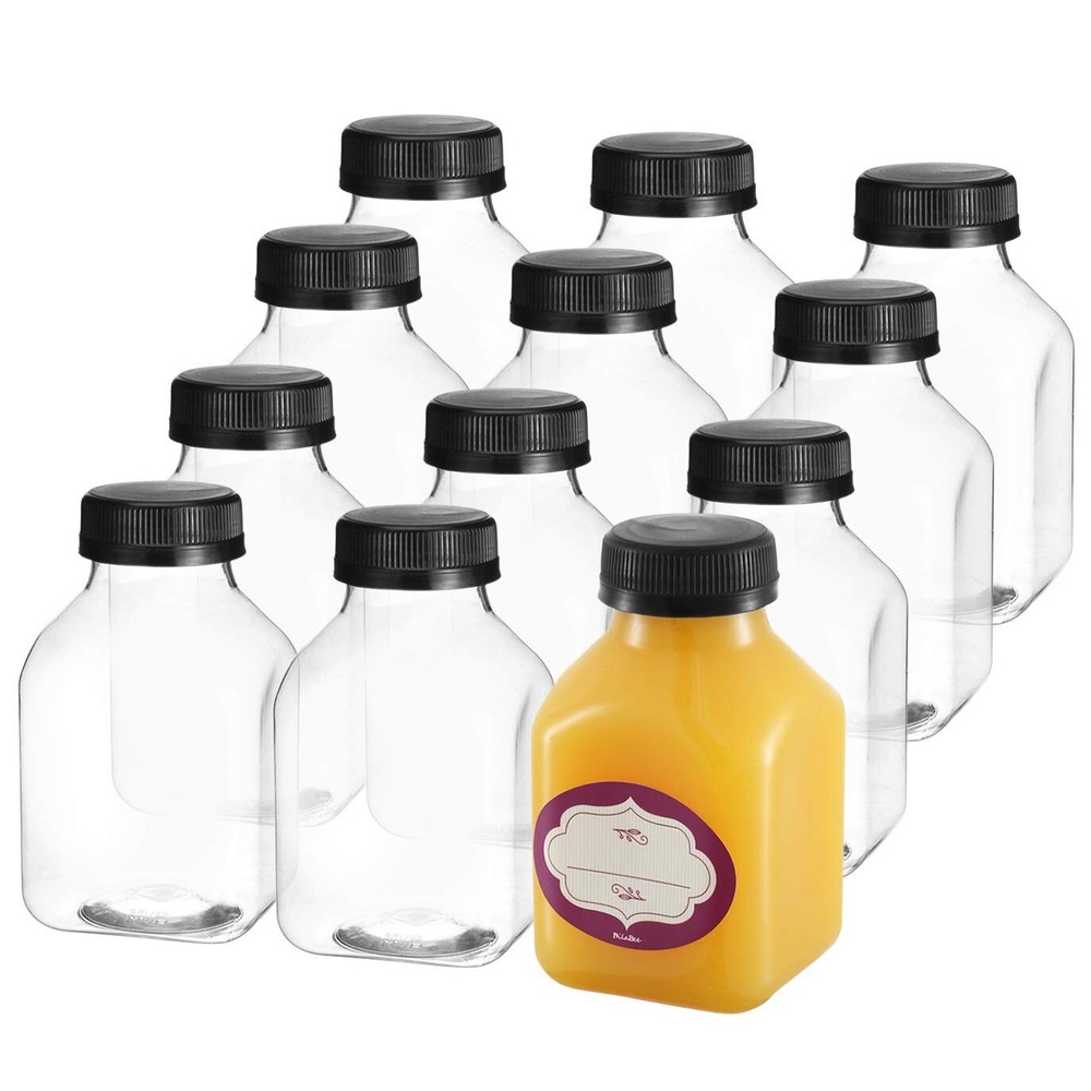 8 oz Empty Plastic Juice Bottles with Lids, 12 Pack, Clear/Black