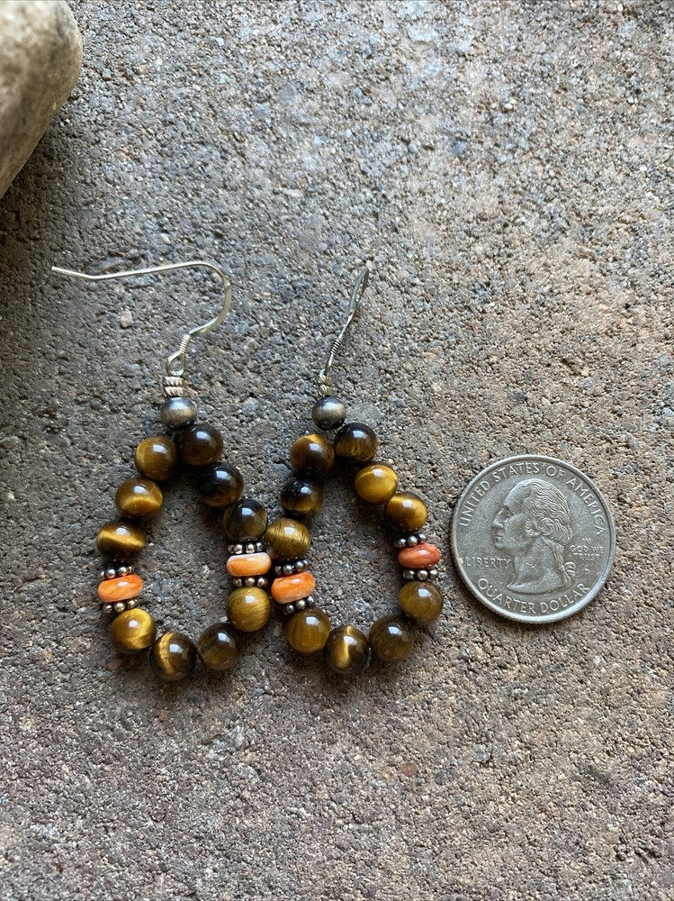 Sterling Silver Tiger’s Eye Spiny Oyster Bead Loop Earrings.
