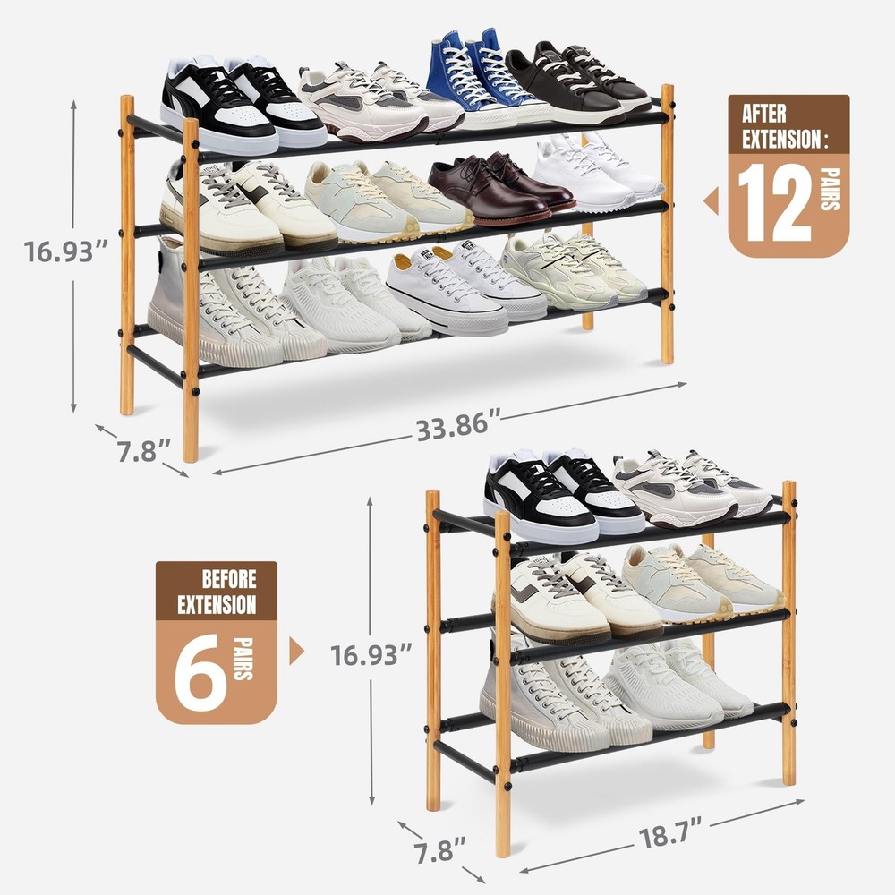 STORAGE MANIAC Expandable Shoe Rack, 16 Pairs Stackable Small Shoe Rack, Meta...
