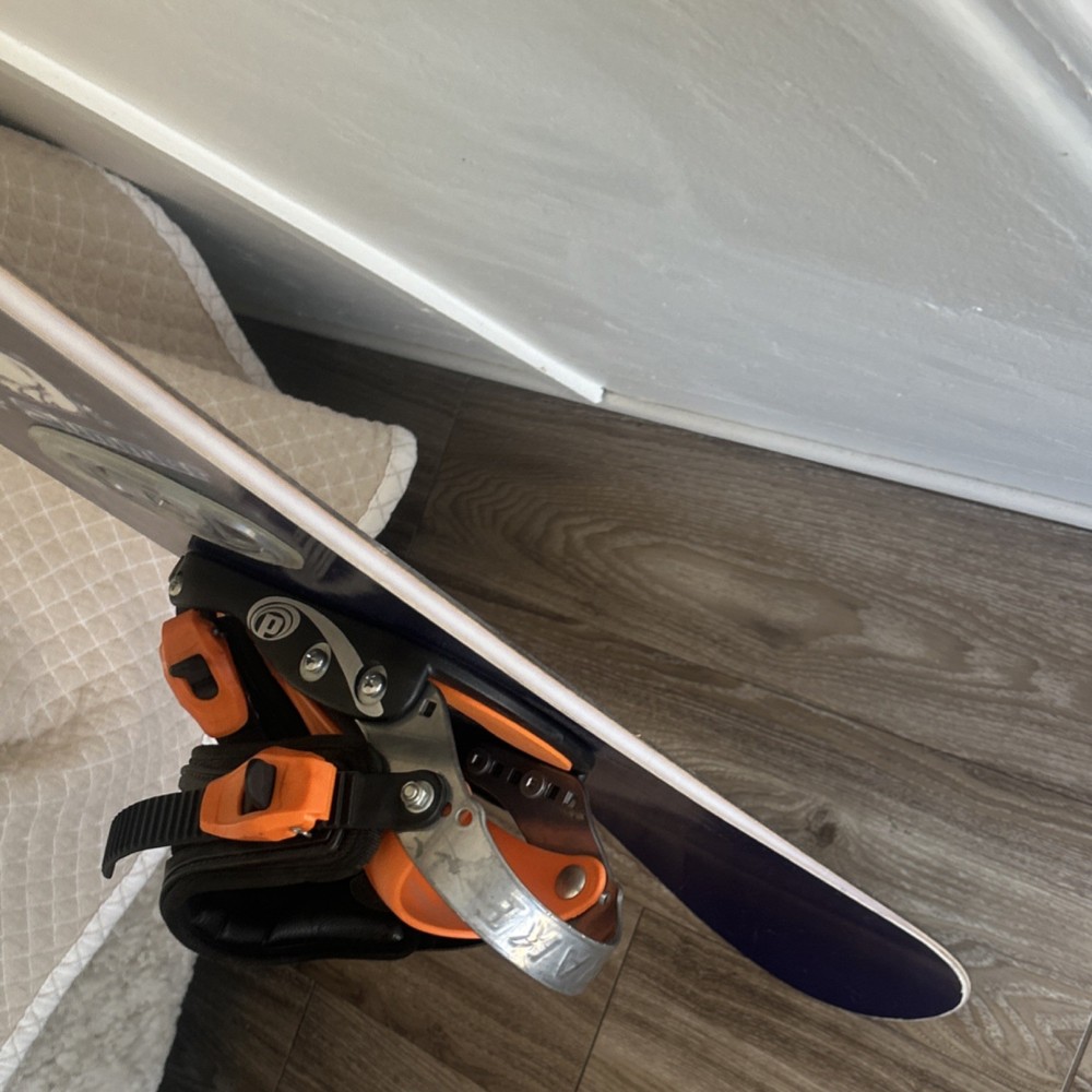 Never Summer Snowboard Blue Orange White with Bindings 4x4 Mount Pattern