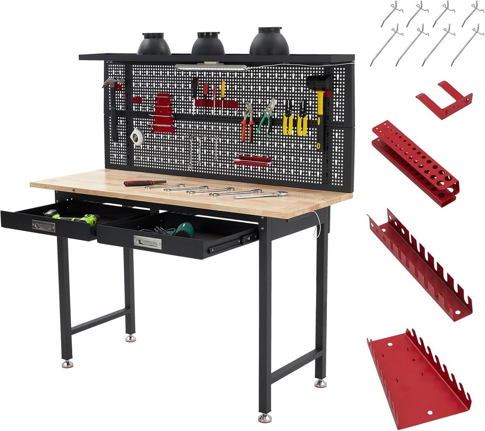 Multifunctional Metal Workbench Worktable with Pegboard and Led Lighting Strip