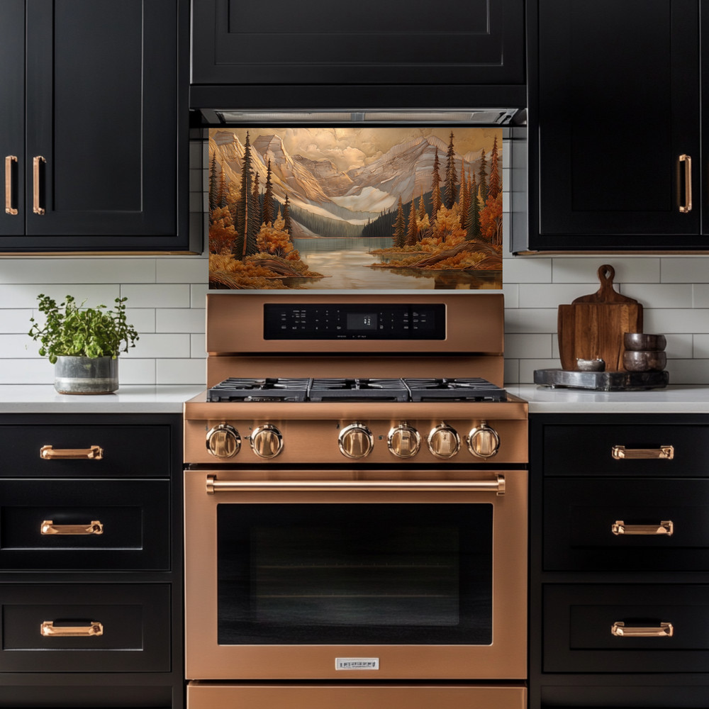 Pine Tree and Mountain Glass Backsplash, Tempered Glass Kitchen Splashback