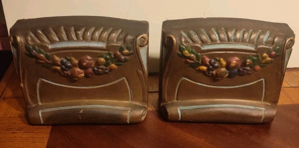 Vintage Book Ends Scrolls Flower Fruit