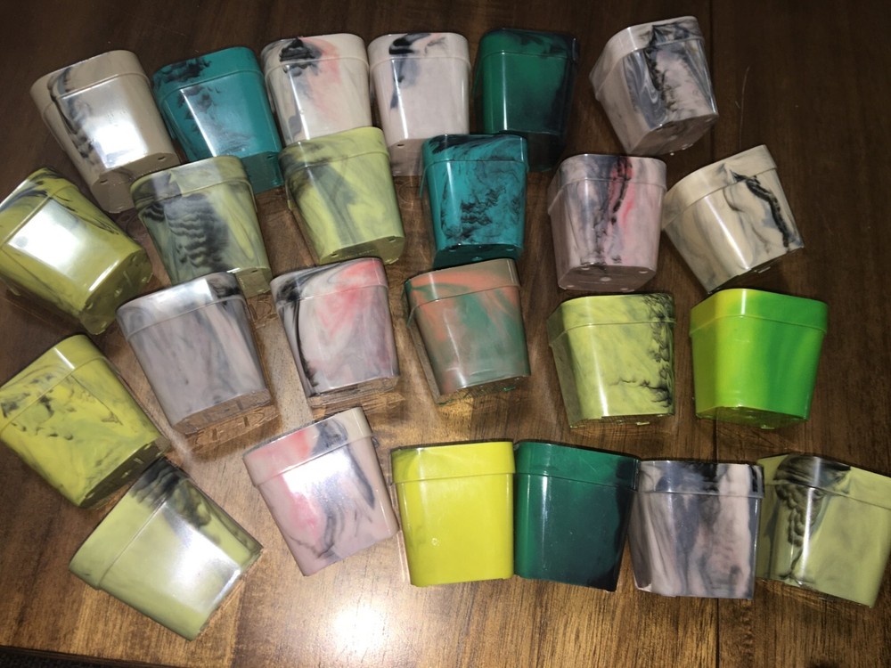 24 mid century seed starter pots 1960-80~marbled plastic multi colored 2"X2"