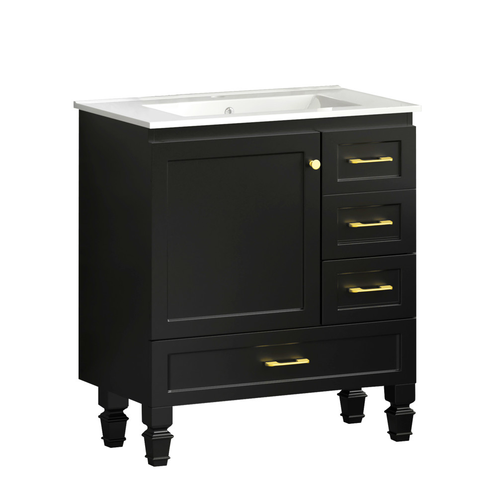 30" Black Bathroom Vanity w/ Soft Close Doors & 3 Drawers
