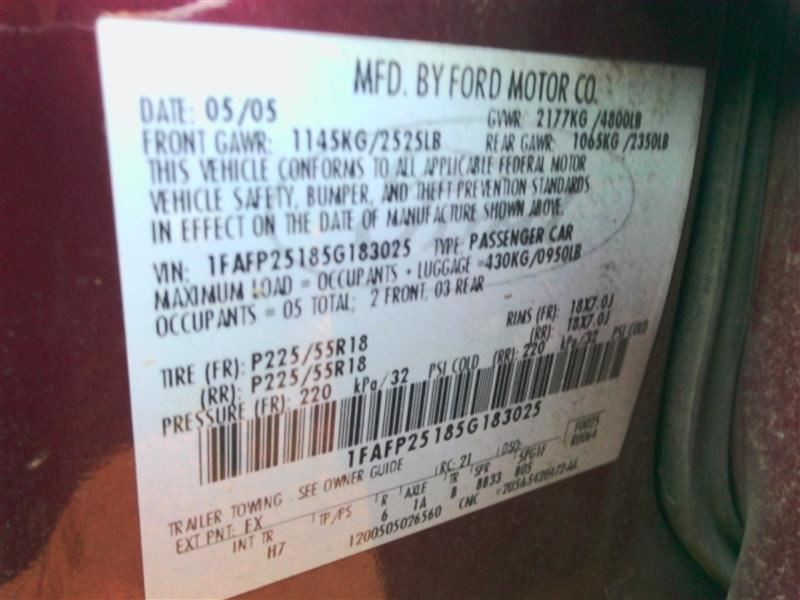 Driver Sun Visor Illuminated Fits 05-07 FIVE HUNDRED 142467
