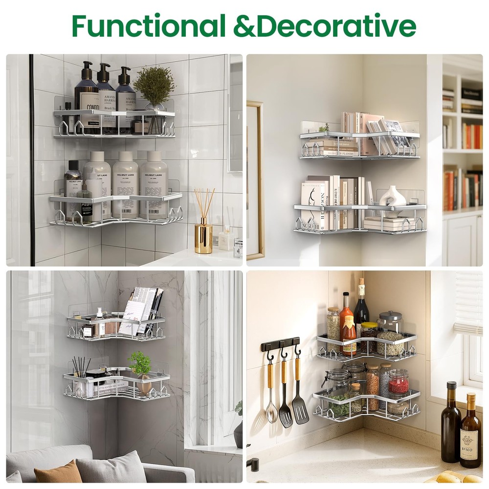 Adhesive Shower Caddy, 2 Pack Corner Bath Organizer, Rustproof Stainless Stee...