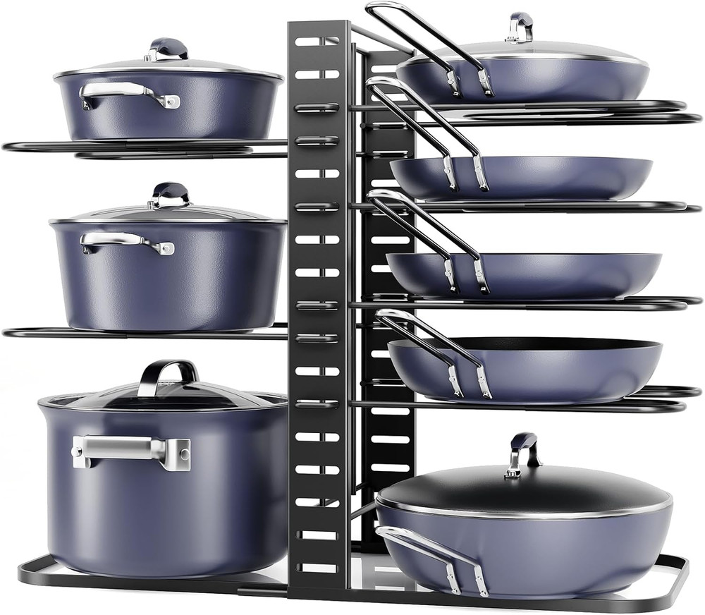 Pots and Pans Organizer: under Cabinet, Adjustable 8-Tier Pot Organizers inside