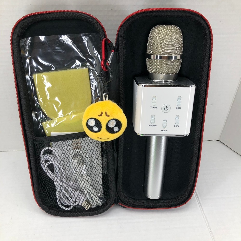 Wireless Bluetooth Karaoke Microphone Silver w/ Case & Accessories Kids Fun Gift