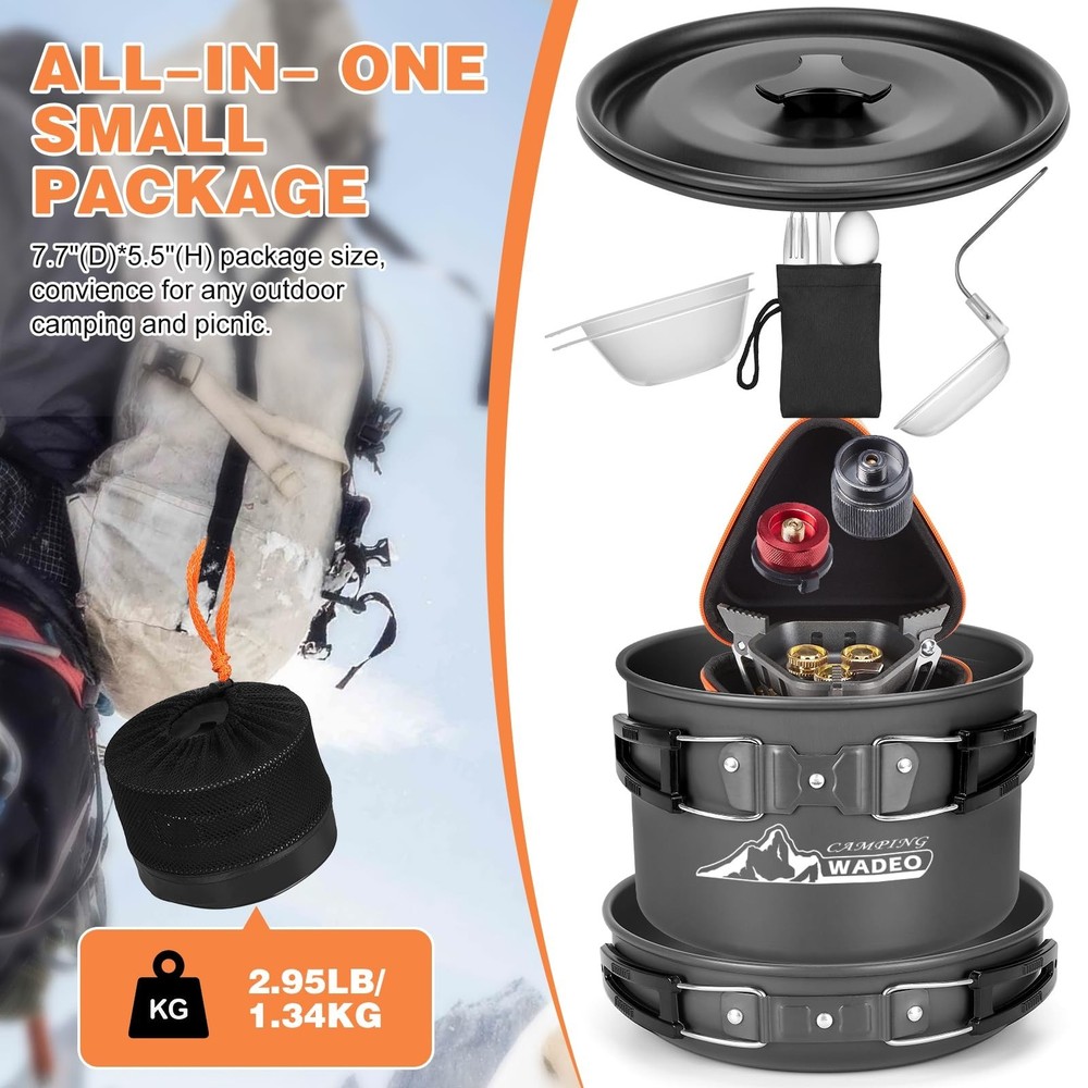 WADEO Camping Cookware Mess Kit with 7200W Camping Stove, Fork Knive Spoon